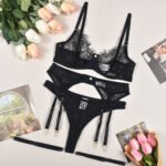 Bra See-through Lace Pearl Decorative Sexy Lingerie 4-piece Set - Image 7